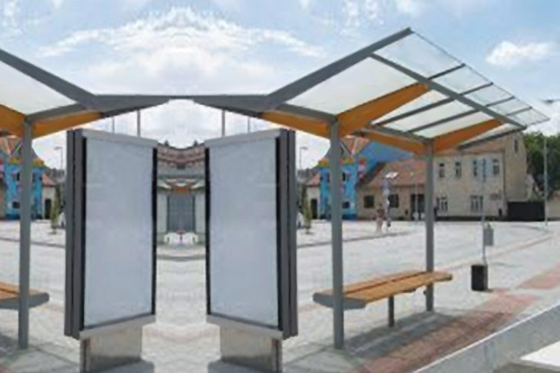 China Unique Shape Stainless Steel Bus Stop Heat Resistant With Advertising Light Box supplier